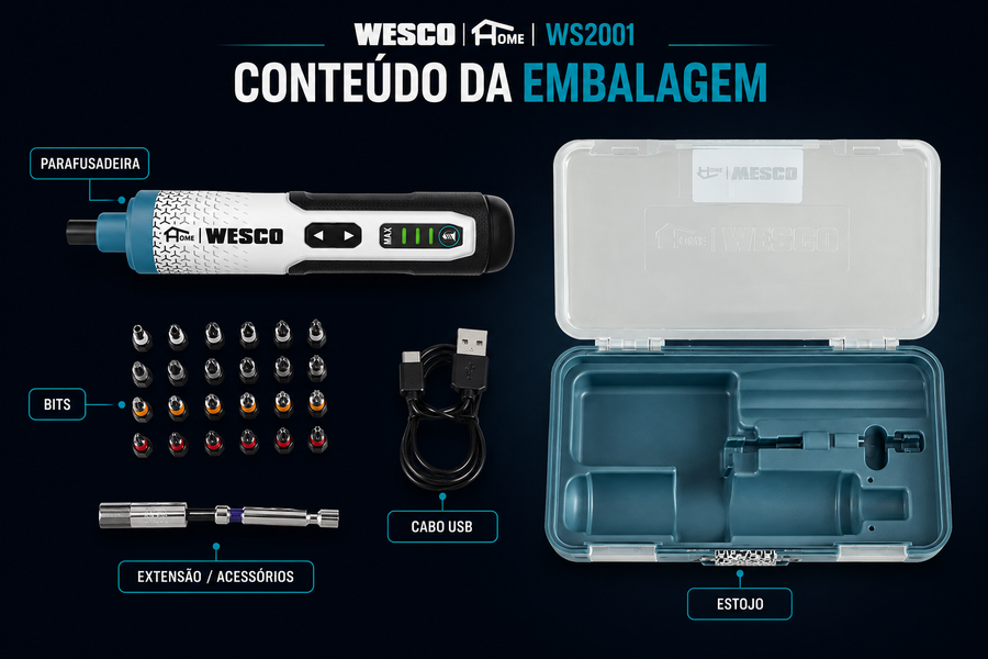 Detalhes técnicos da Parafusadeira Wesco Home WS2001.