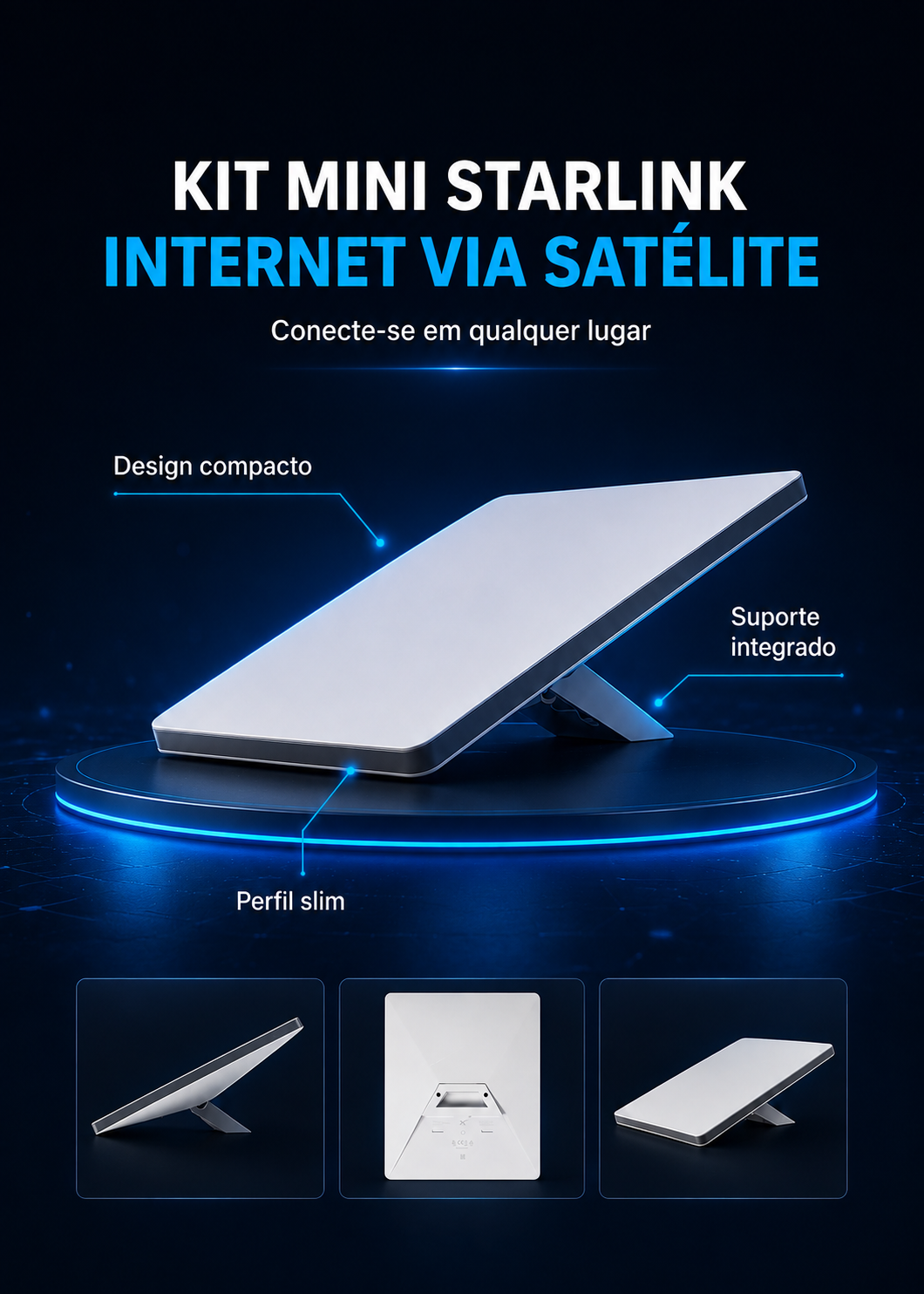 Imagem tecnológica da Starlink Mini destacando design ultracompacto, perfil slim e suporte integrado.