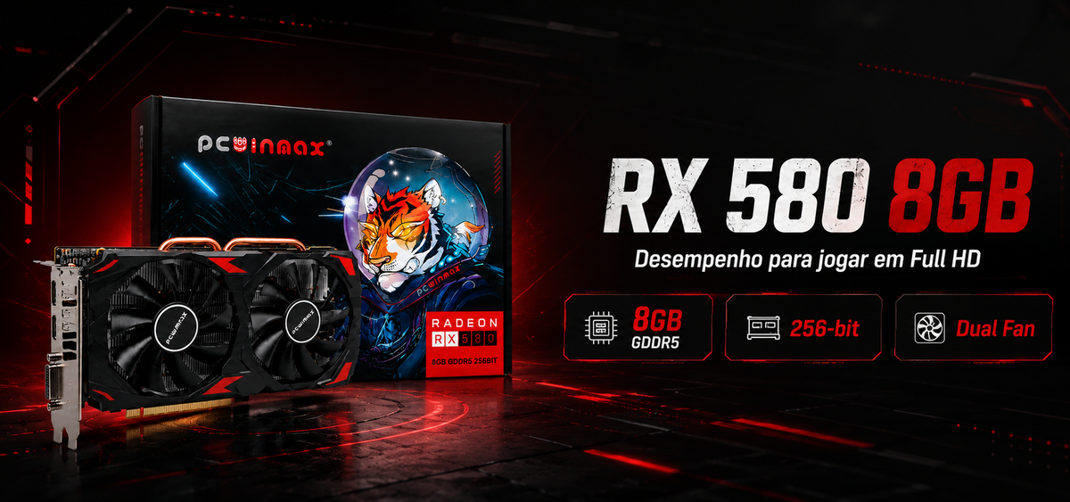Banner da placa de vídeo PCWinmax Radeon RX 580 8GB com embalagem em cenário gamer preto e vermelho.