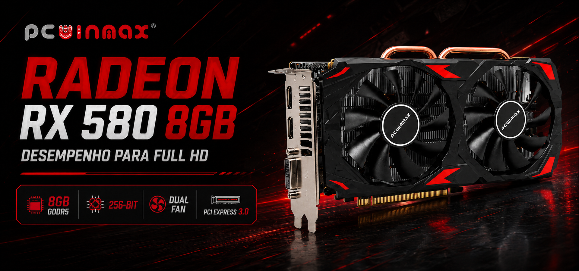 Banner da placa de vídeo PCWinmax Radeon RX 580 8GB com embalagem em cenário gamer preto e vermelho.