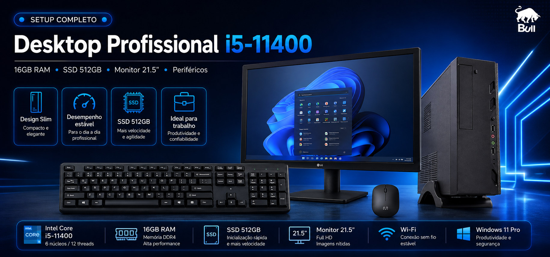 Desktop Profissional Intel Core i5-11400 com 16GB RAM, SSD 512GB, monitor 21.5 polegadas, Wi-Fi, teclado e mouse