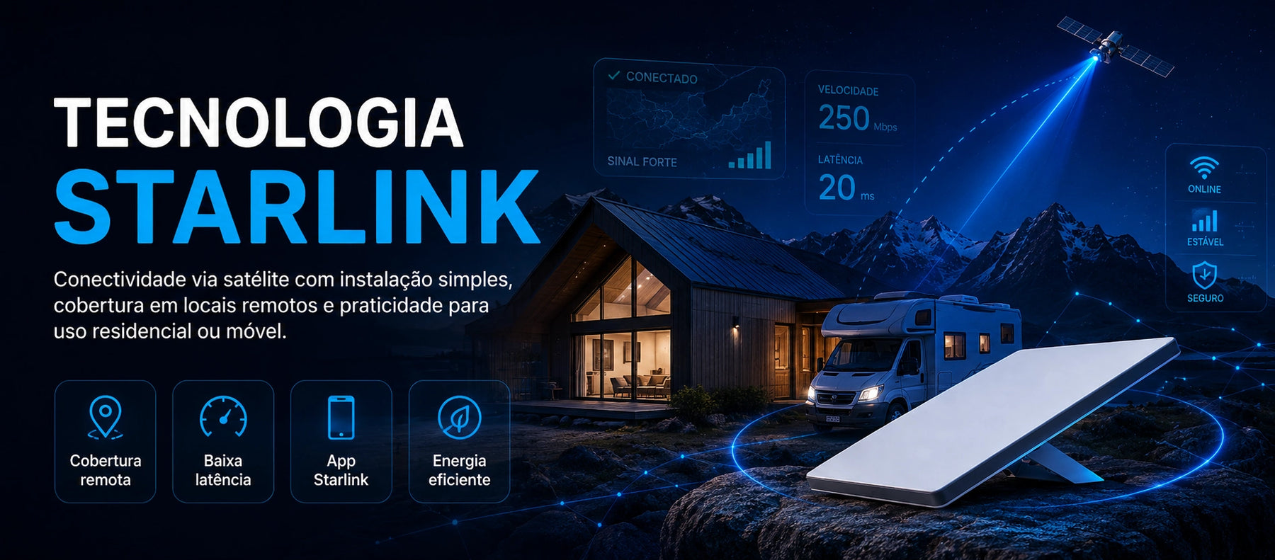Tecnologia Starlink aplicada em casa, trailer e áreas remotas com destaque visual para conectividade via satélite.