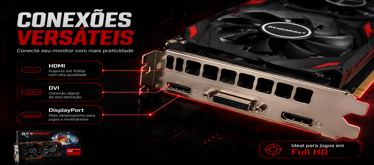 Arte da RX 580 destacando 8GB GDDR5, interface de 256 bits e refrigeração Dual Fan.