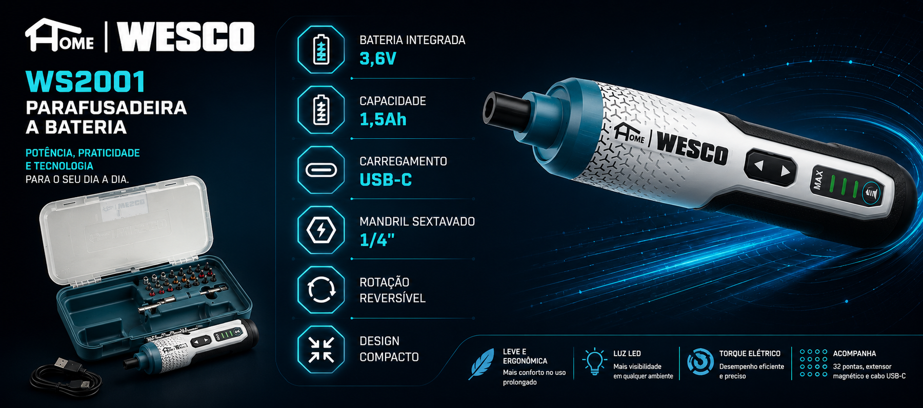 Imagem destacando os diferenciais da Parafusadeira Wesco Home WS2001, como bateria integrada, carregamento USB-C e praticidade no uso.
