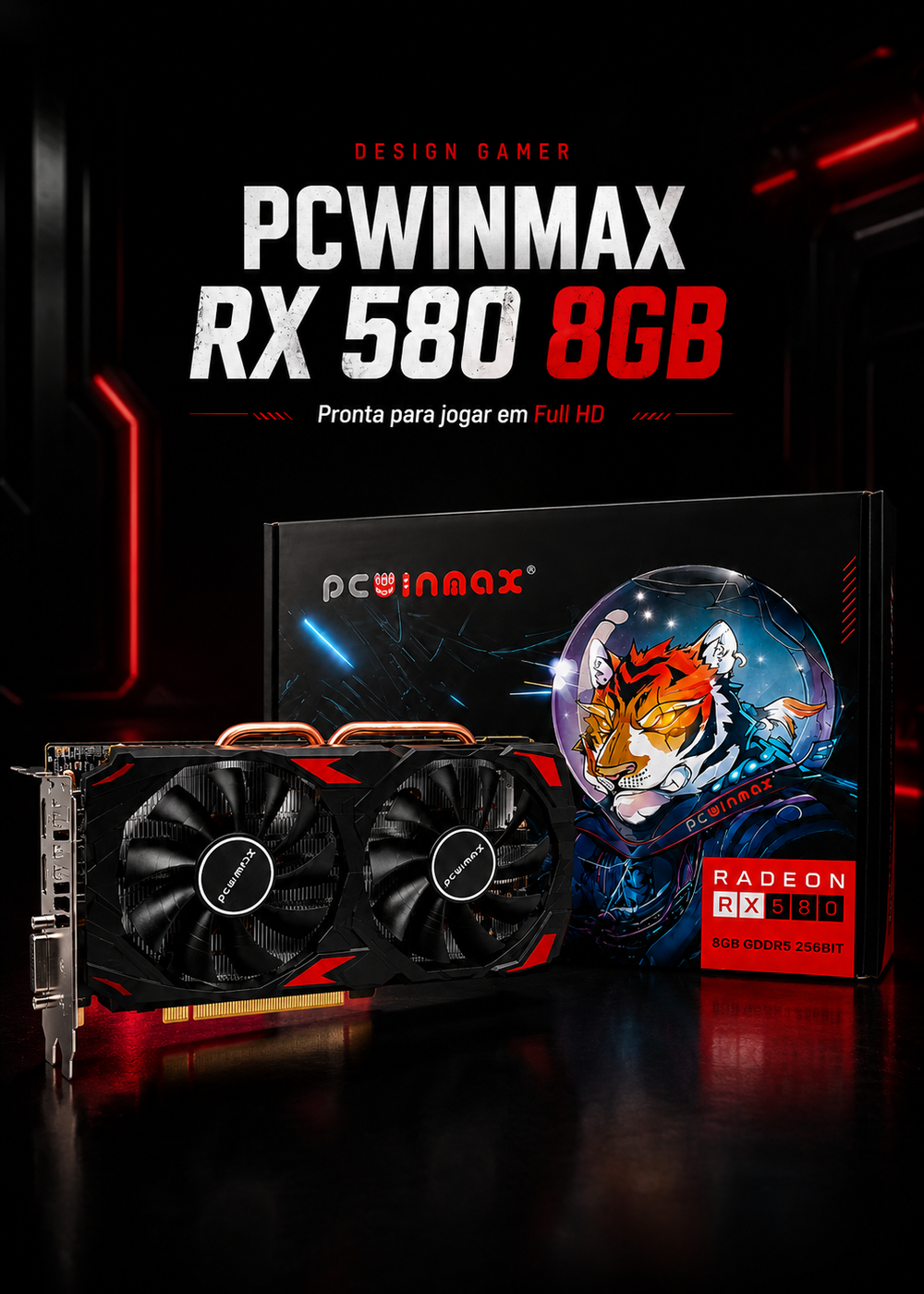 Placa de vídeo PCWinmax Radeon RX 580 8GB apresentada com sua embalagem.