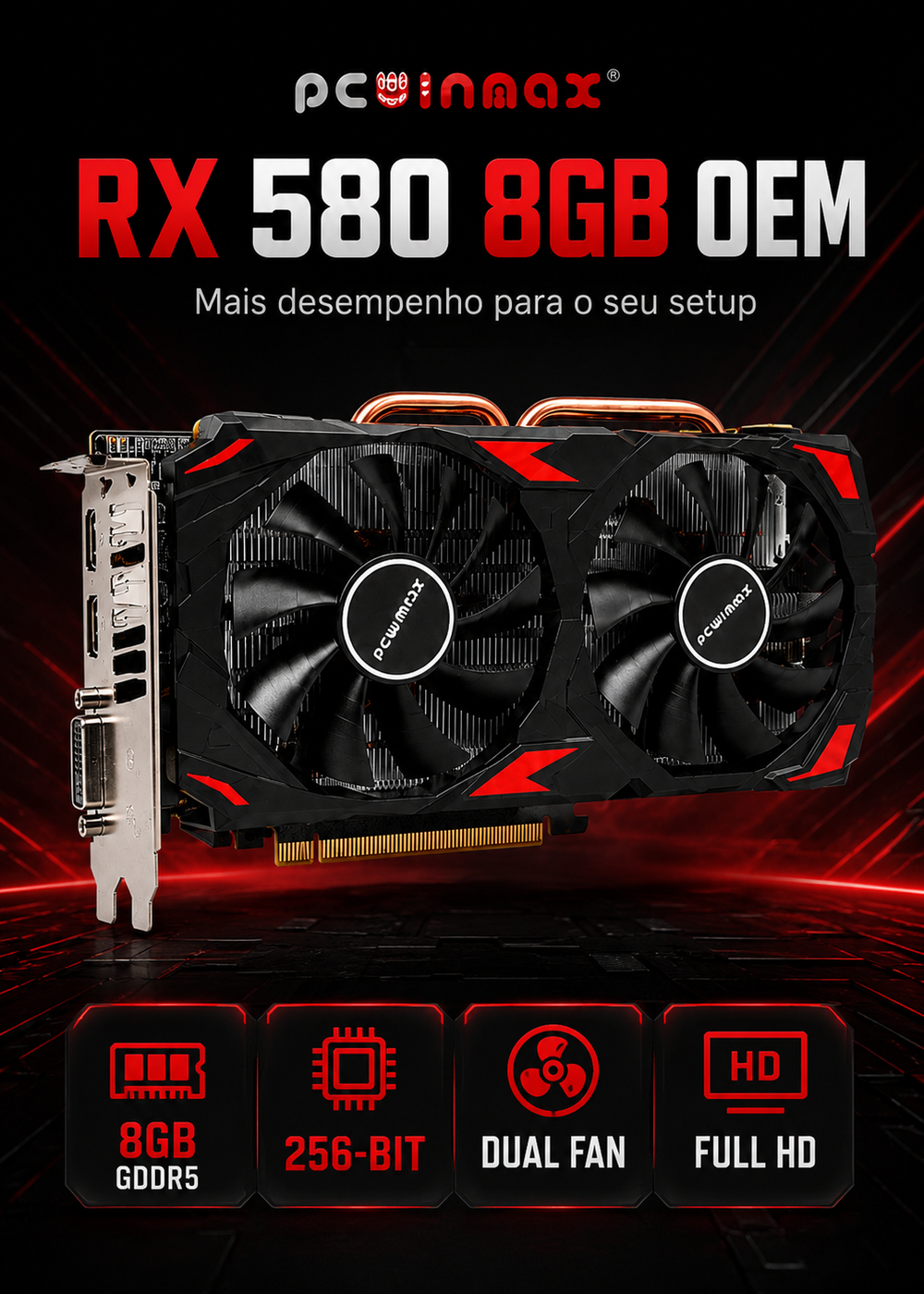 Placa de vídeo PCWinmax Radeon RX 580 8GB apresentada com sua embalagem.