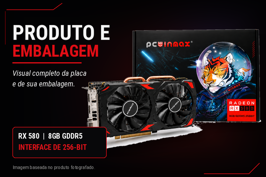 Placa de vídeo PCWinmax RX 580 8GB ao lado da embalagem original.
