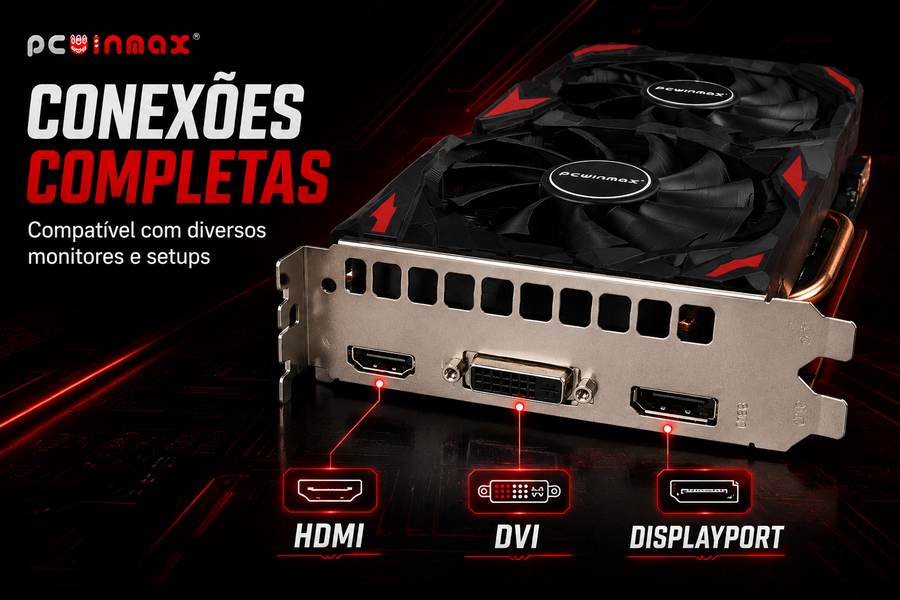 Placa de vídeo PCWinmax RX 580 8GB ao lado da embalagem original.