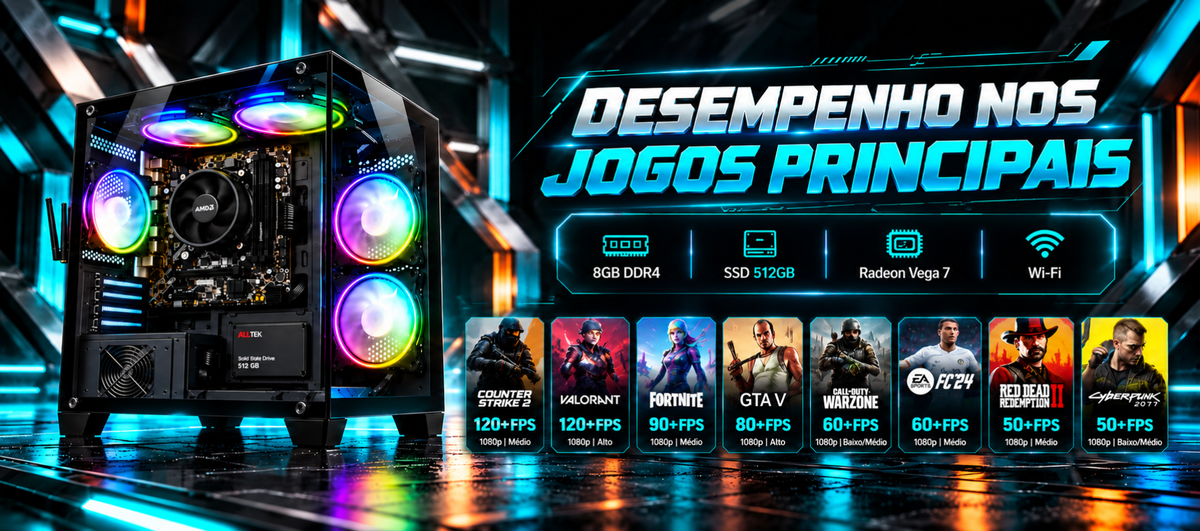 Tecnologias e componentes do Coputador Gamer AMD Ryzen 5 4600G com DDR4, SSD e Wi-Fi