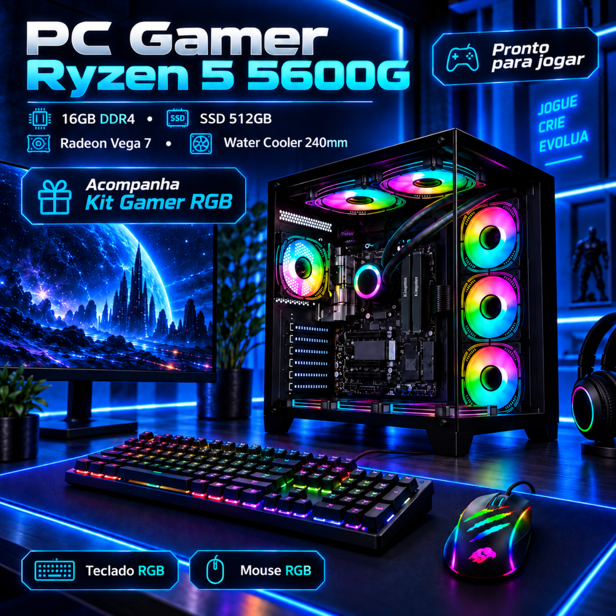 PC Gamer T-REX TC500 Ryzen 5 5600G 16GB SSD 512GB Vídeo Integrado