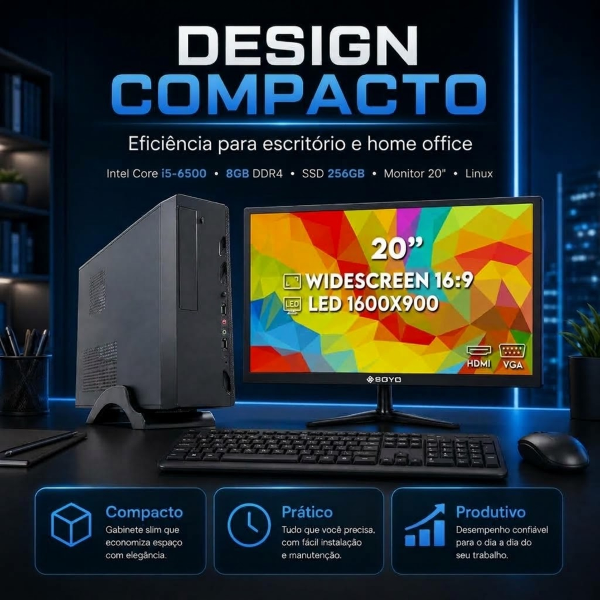 Computador Desktop Completo Intel Core i5-6500 8GB DDR4 SSD 256GB Monitor 20" Linux
