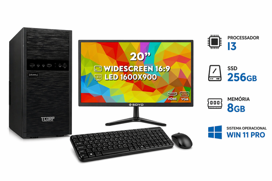 Computador Completo Intel Core i3 + Monitor 20” LED HDMI + SSD 256GB + 8GB RAM + Windows 11 Pro