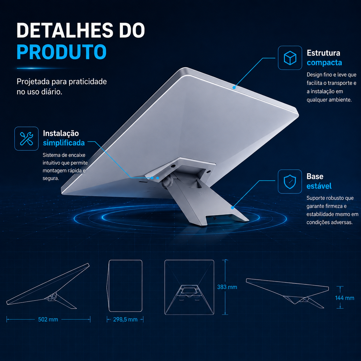 Detalhes do Kit Mini Antena Starlink com foco em estrutura compacta, instalação simplificada e base estável.