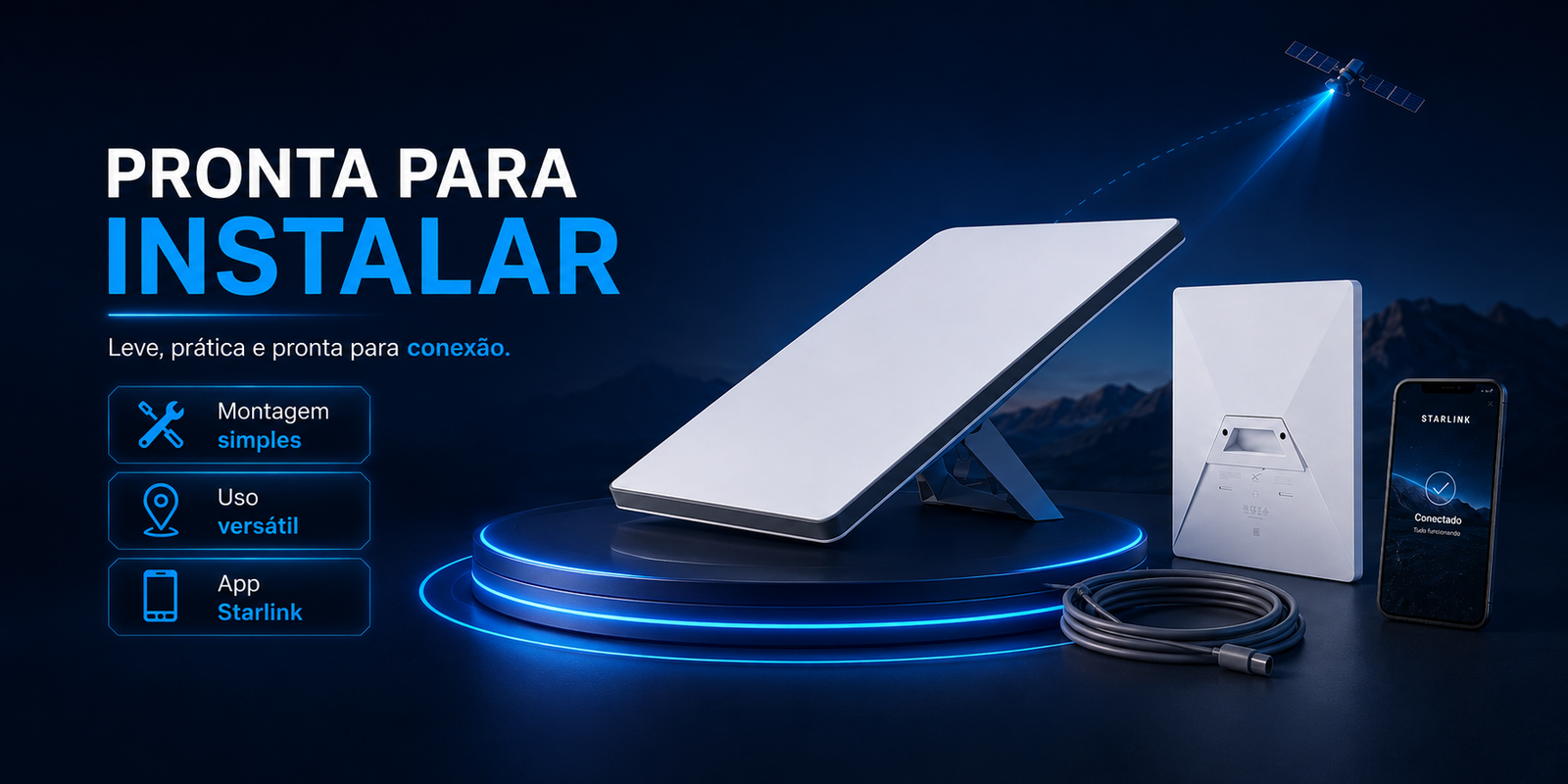 Imagem destacando instalação fácil, itens do kit e compatibilidade com o app Starlink.