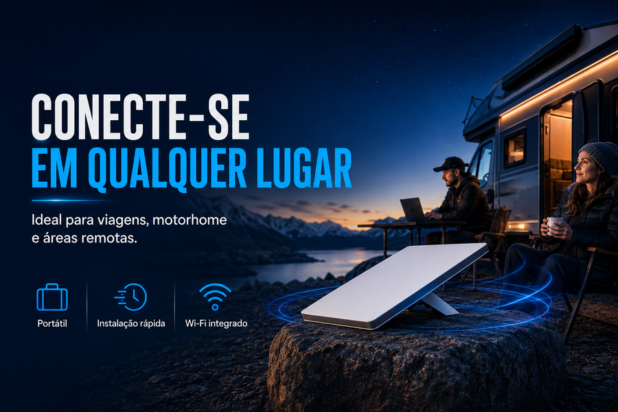 Uso da Starlink Mini em viagens e motorhome, com foco em praticidade e conexão em qualquer lugar.