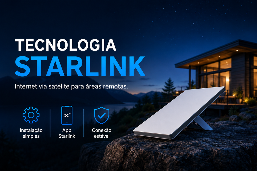 Cena tecnológica mostrando a Starlink Mini conectando casa e trailer em ambiente externo.