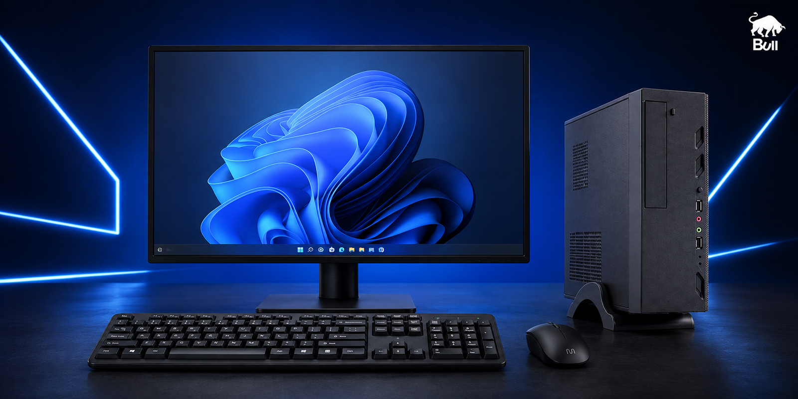 Setup completo com desktop, monitor 21.5 polegadas, teclado e mouse