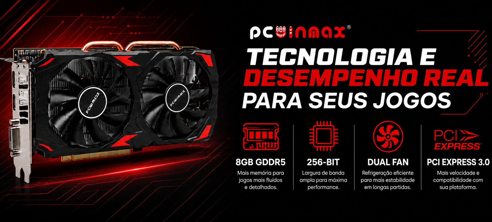 Arte da RX 580 destacando 8GB GDDR5, interface de 256 bits e refrigeração Dual Fan.
